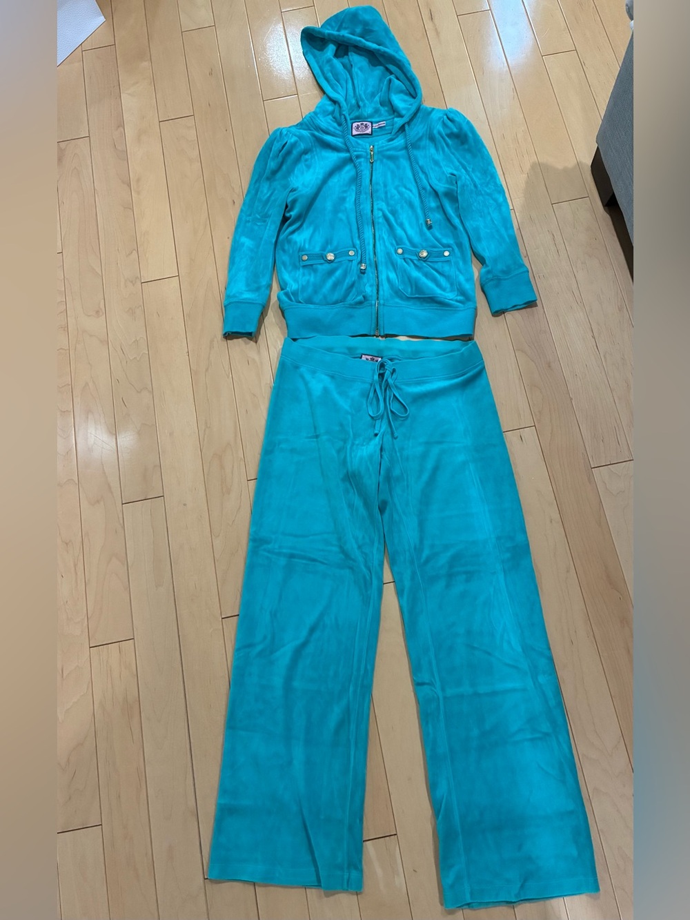 Juicy Couture Woman Velour Hoodie & Wide-Leg Sweatpants Set - Teal/Turqoise